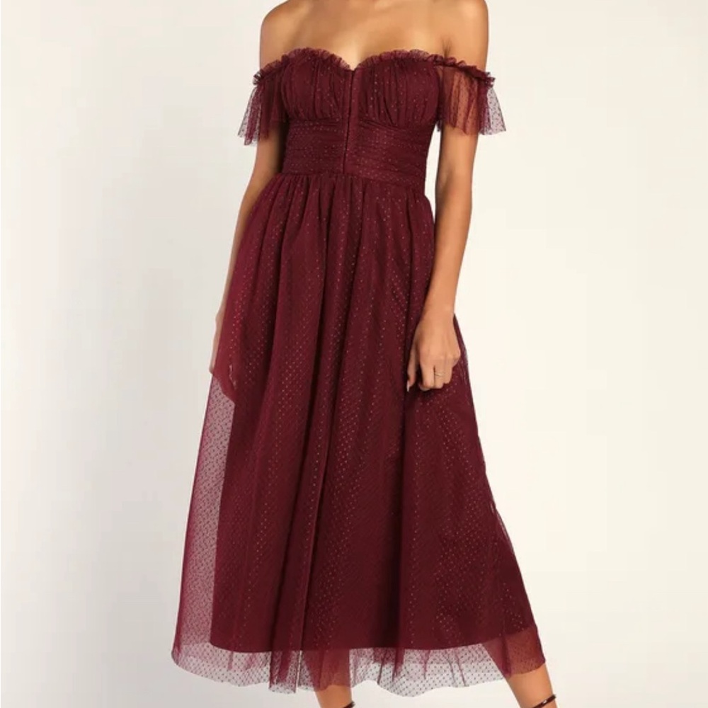 Lulus Regal Radiance Burgundy Tulle Bustier Midi Dress